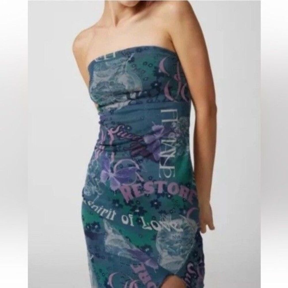 Urban Outfitters Strapless Asymmetrical Dress Womens medium Green Graphic Print